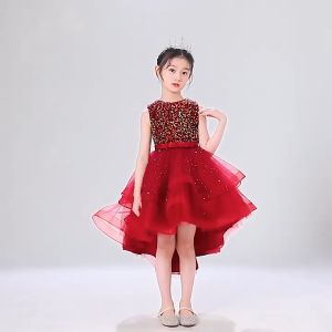 Summer Sleeveless Tailing Girl Princess Lace Dress Trailing Tutu Children Communion Dresses Sequin Flower Birthday Party Wedding Piano Clothes for 3 4 5 6 7 8 9 10 11 12 year old Pink Purple Red White Champagne Dress