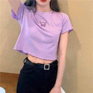 New Arrival 2024 Summer Waist Crop Top Short T-Shirt Women Silm Slim Looking Easiest for Match Butterfly Embroider Short Sleeve Tops Women