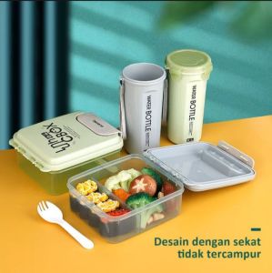 Ecentio kotak makan anti tumpah 2/4 grid lunch box set 1100ml free bottle 500ml free sendok