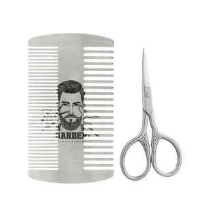 2PCS Men Beard Care Set Stainless Steel Two-Sided Beard Comb Professional Mini Scissors Daily Portable Mustache Grooming Tools