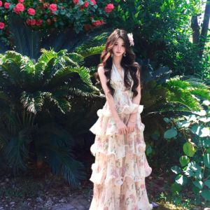 CHANGTONG | Đầm Maxi In Hoa Phong Cách Pháp Elegance V-neck Halter