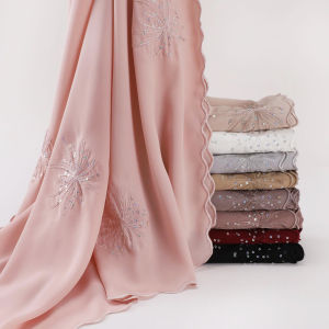 Jifang Luxury Floral Embroideried Shimmer Sequins Firework Silk-like Poplin Shawl Sulam End Curve Wavy Embroidery Pashmina Muslim Hijabs Tudung WC88