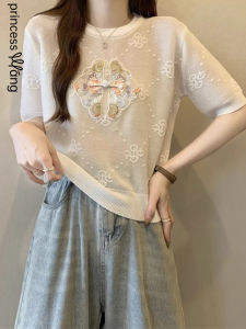 WANGGONGZHU | Princess Style Ice Silk Knitted Top Women Summer Thin Short Sleeve Embroidered Fashion T-Shirt Loose Fit Regular Sleeve Length