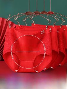 Red Pure Cotton Triangle Panties High Waist Womens Underwear Antibacterial Cat Person Large Size Home Comfortable Briefs