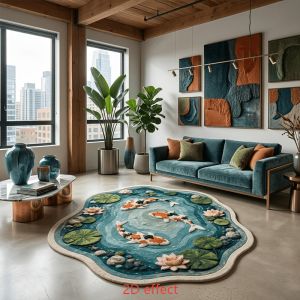 VIKAMA Irregular Rug 2D Koi Fish Pond Pattern Washable Anti Slip Floor Mat Modern Living Room Home Decor Carpet