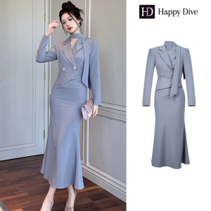 Happy Diva เดรสผู้หญิง เดรสสีเทา เดรสหางปลา เดรสสูท เดรสทำงาน เดรสไฮโซ เดรสวินเทจ เดรสออกงาน เดรสปาร์ตี้ ชุดราตรี 61125