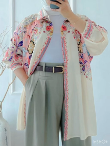 NANDO ATASAN KEMEJA WANITA IMPORT BANGKOK SATIN SILK BKK MOTIF BUNGA LENGAN PANJANG CANTIK MEWAH