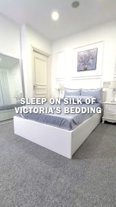 Bộ Ga Giường Phi Lụa Victorias Bedding Màu Xám Ánh Xanh Chính Hãng Korea