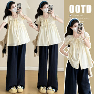 Slimming Maternity Crochet Blouse & Tencel Denim Wide-leg Pants Set