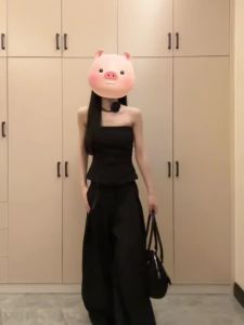 Black Fashion Set Spring Summer New Style Strapless Sleeveless Pleated Top High Waist Wide Leg Pants Two Piece Set Women