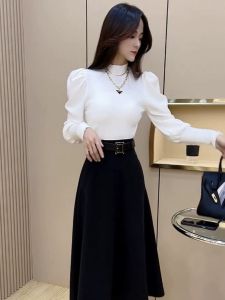 Fashionable Slimming Half High Collar Lantern Sleeve Knit Top Womens Inner Wear Base Layer Shirt Korean Style Commute Wind