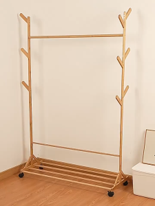 🇸🇬 Space-saving corner coat rack for home bedroom floor-standing coat rack simple corner hanging rack storage shelf / Bamboo Clothes Rail on Wheels