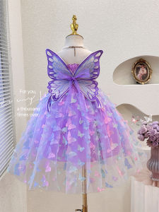 Princess Style Girls Summer Dress with Wings Puffy Skirt Children Performance Costume Polyester Fibre Butterfly Knot Daily Wear