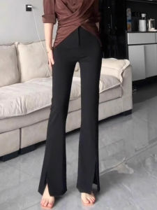 High Waist Ice Silk Asymmetrical Flared Pants Womens Summer 2025 Slimming Short Size Casual Flared Pants Casual Trousers