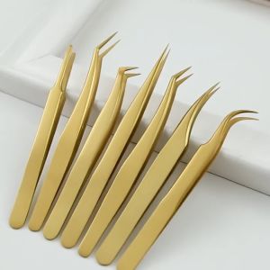 1pcs Eyelash Extension Tweezers With Fiber Tips Golden Stainless Steel High Precision Tweezer for Volume Fans Makeup Tools