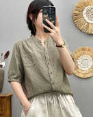 Pure Cotton V-Neck Striped Short Sleeve Womens Shirt Loose Fit Summer New Style Sun Protection Five-Quarter Sleeve Blouse