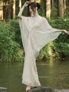 New Chinese Style Dress Set Asymmetrical Design Three-dimensional Tailoring Fried Color Style  Silk Long Sleeve V-neck