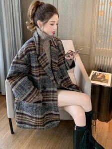 plus Size Korean Style Plaid Suit Jacket Womens Autumn Winter New Loose Woolen Coat Trendy Medium Length Coat for plus Size