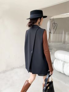 Spring Summer Womens Loose Double-Breasted Blazer Vest Fashionable Design Outerwear Jacket Two Buttons Style Polyester Material