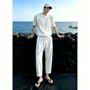 ZHUOCAN | Mens Summer Casual Ice Silk Knit T-Shirt Mens Old Money Cotton and Linen 9/10 Pants