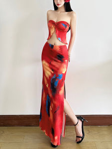 ชุดกระโปรงยาวเอวสูงพิมพ์ลาย ชุดกระโปรงลำลองฤดูใบไม้ร่วง ผ้า PU ชุดกระโปรงสำหรับผู้หญิง เดรสยาวเอวสูงพิมพ์ลาย