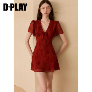 D-PLAY | Đầm Chiffon Tay Chuông Hoa Đỏ Phong Cách Resort