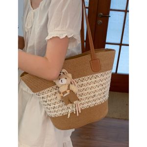 Summer New Fashion Large Capacity Woven Tote Bag Womens Hand-held Basket Bag Casual Simple Style Double Shoulder Strap