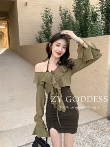 Early Autumn New Korean Design Sensation Shoulder Exposure Shirt Two-Piece Set Irregular Lace Trim Tank Top Cotton Blend