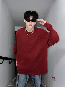 Red Wine Color Heavyweight round Neck Sweatshirt Mens Autumn Winter American Style Long Sleeve T-Shirt CleanFit Inner Wear Base Shirt