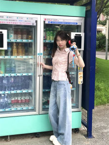 Áo Sơ Mi Nữ Tay Ngắn Ôm Vừa Vặn Họa Tiết Kẻ Caro Màu Hồng Phong Cách Hàn Quốc Mùa Hè Xếp Ly Thắt Eo Thời Trang