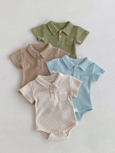 K-style Baby Waffle Jumpsuit Summer Baby Boy Pure Color Romper Gentleman Short Sleeve Polo Lapel Romper