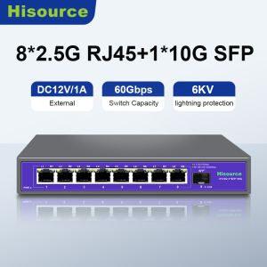 Hisource 8 Port 2.5G Ethernet Switch None POE Network Switch with 1*10G SFP Port for IP Camera/CCTV Security