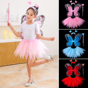 BC 3/4pcs Kids Butterfly Wings Set Girls Butterfly Dress Headband Wand Halloween Party Costume Children Fairy Props Christmas Photography Clothes Props