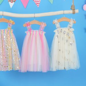 【COD&Local】Girls Sequin Dress Strap Sleeveless Decorative Stars Mesh Princess Dress for Your Little Girl