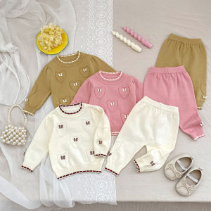 Baby Girls Clothes Sets Knit Autumn Newborn Sets Heart Print Bow Girl Infant Clothing Tops+ Pants Knit Sweater Baby Knit Sets