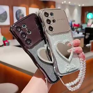 Women Girls Love Heart Makeup Mirror Shiny Case for Samsung Galaxy S24 S25 Ultra S22 Plus S23 FE With Crystal Wrist Chain Cover