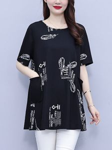 Loose Cotton Summer Short Sleeve T-Shirt Womens Large Size Mom round Neck Printed Top Base Long Cover Meat Mid-Length Womens Wear
