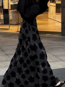 Floral A-Line Skirt High Waist Loose Lazy Style Slimming Fullness Design Womens Autumn New plus Size Half-length Skirt