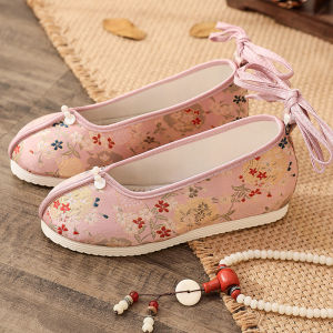 Elegant Embroidered Hanfu Dance Shoes Womens Summer Improved Pearl round Head Shoes Simple Ancient Style Flat Heel Fashionable