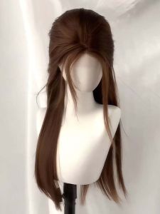 Xu Yan Womens Long Straight Hair Wig Natural Warm Brown Color High Quality Human Hair Full Covering Wig for Daily Use