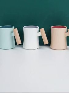 MEILKEA 400ML Wooden Handle Round Cup Mug Plastic Kitchenware For Drinking Coffee & Milk Tea