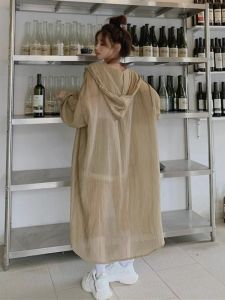 plus Size Summer Womens Sun Protection Clothes Loose Fit Thin Long Sleeve Hooded Coat Medium Length Open Cardigan Outerwear