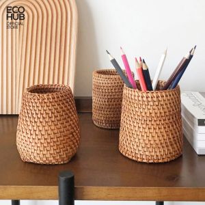 Cốc Mây ECOHUB - Hộp đựng bút để bàn decor bàn học đồ văn phòng phẩm cốc cắm hoa khô trang trí cắm bút (rattan pen holder)