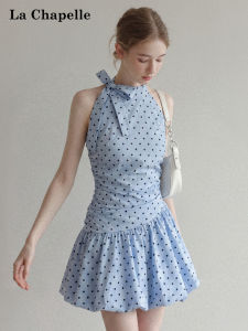 La Chapelle | Dots Off-shoulder Bow-tie Waist-defining Slim-fitting Skater Short Dress