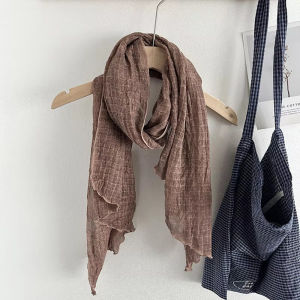 Retro Artistic Cotton Linen Scarf Womens Gauze Pleated Thin Shawl Pure Color Fashion Accessories