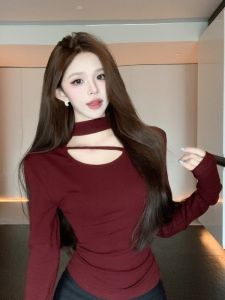 GUZILIAN | Thickened Long Sleeve Womens T-shirt Neck Hanging Base Shirt Inner Wear Korean Style Commute Fashion Pear Body Type Fit