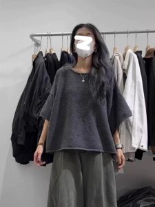 Gray Knitted Short Sleeve T-Shirt Women Summer Casual Loose Half Sleeve Top with Cuff Design Commute Style Pure Color Breathable