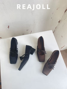 French Design Mary Jane Shoes Square Head Butterfly Knot Chunky Heel Womens Single Shoes Fashionable Fairy Style Slip-On Pumps