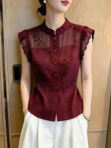 SHUAIYUE | Áo Sơ Mi Dây Ruy Băng Cổ Đứng Thêu Hoa Văn Elegance Pháp Màu Đỏ