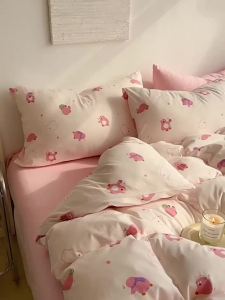 Cartoon four piece set washed cotton cute Kuromi childrens duvet cover bed single spring summer simple student three piece set